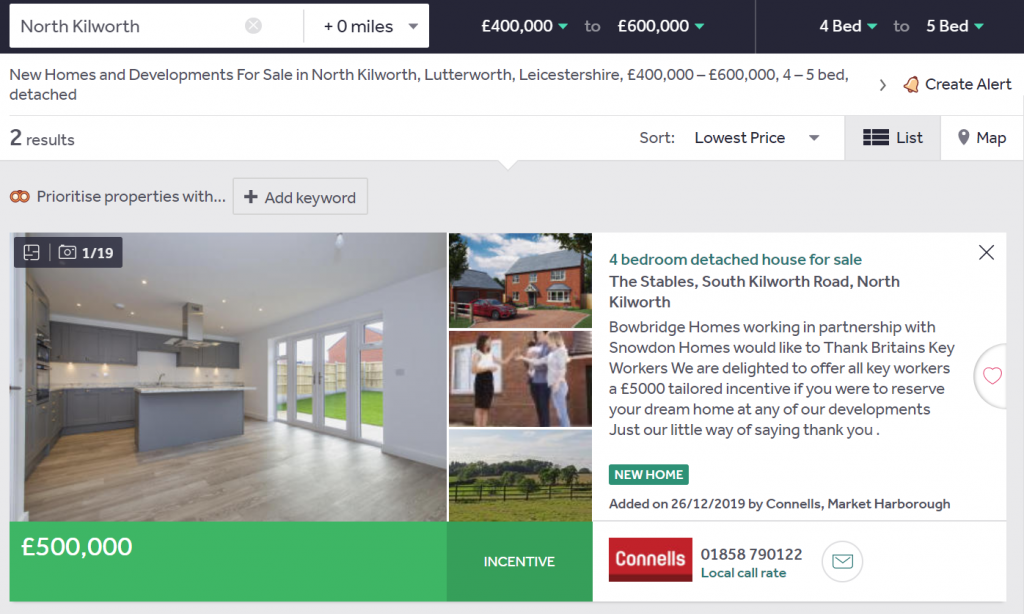 A screenshot of a RightMOve search for new homes in North Kilworth, showing the 'Create Alerts' button.