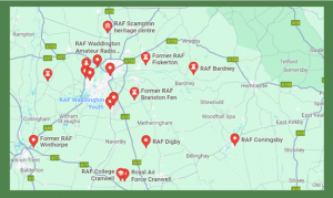 A map with red points on it showing forces bases in lincolnshire